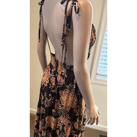 Patrons of Peace Maxi Dress M Brown Floral Boho Tie-Strap Plunge V-Neck Backless - Picture 2 of 14